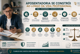 Planejamento da aposentadoria para autônomos e profissionais liberais, mostrando INSS, reserva de emergência, investimentos, diversificação e construção de patrimônio ao longo da carreira.