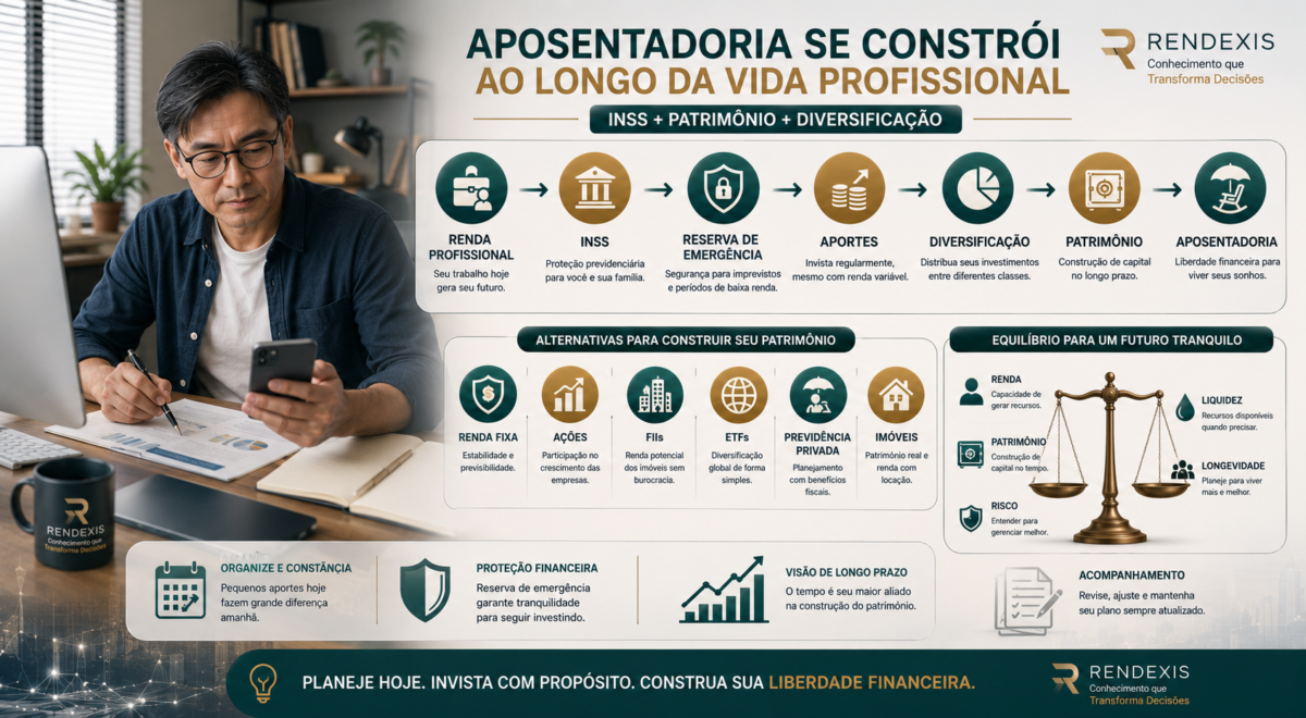 Planejamento da aposentadoria para autônomos e profissionais liberais, mostrando INSS, reserva de emergência, investimentos, diversificação e construção de patrimônio ao longo da carreira.