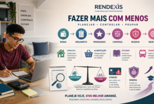 Estudante universitário organizando orçamento e despesas de moradia, alimentação, estudos e transporte para administrar melhor seu dinheiro.