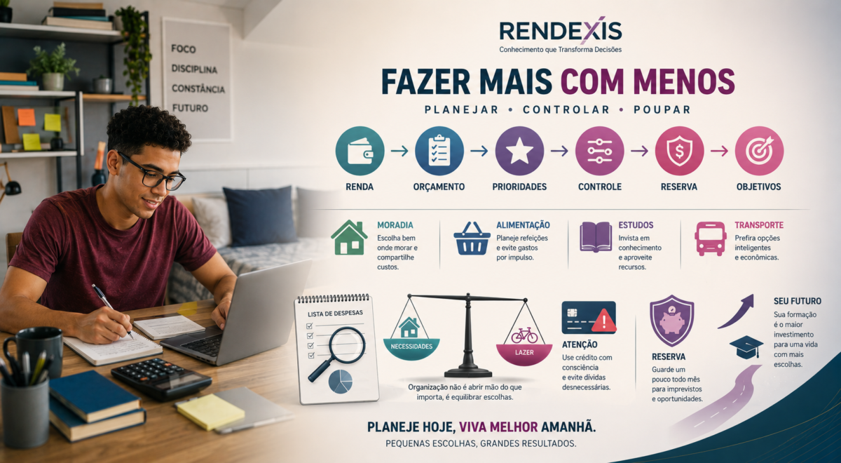 Estudante universitário organizando orçamento e despesas de moradia, alimentação, estudos e transporte para administrar melhor seu dinheiro.