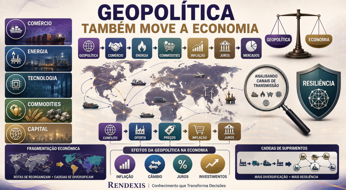 Mapa-múndi mostrando como a geopolítica influencia comércio, energia, tecnologia, commodities, inflação, juros e mercados financeiros.