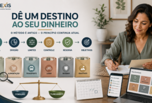 Mulher organizando o orçamento financeiro pelo método dos envelopes, separando dinheiro entre despesas, reserva e objetivos.