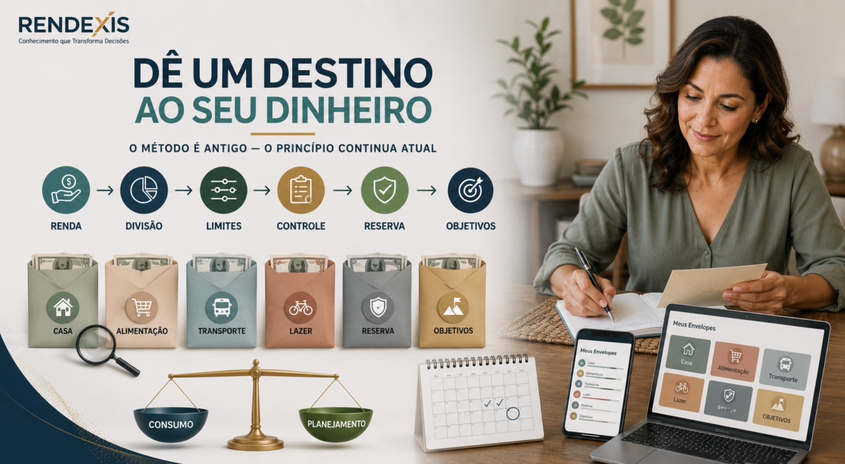 Mulher organizando o orçamento financeiro pelo método dos envelopes, separando dinheiro entre despesas, reserva e objetivos.