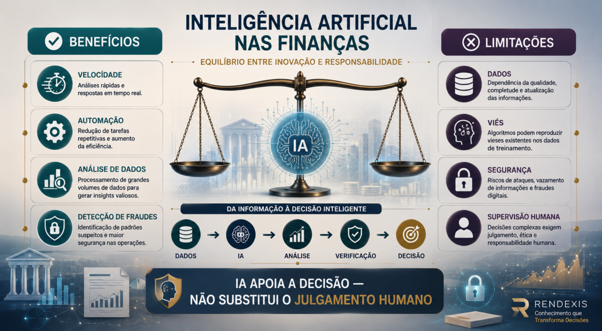 Inteligência artificial aplicada às finanças, mostrando o equilíbrio entre benefícios como automação e análise de dados e limitações como viés, segurança e necessidade de supervisão humana.