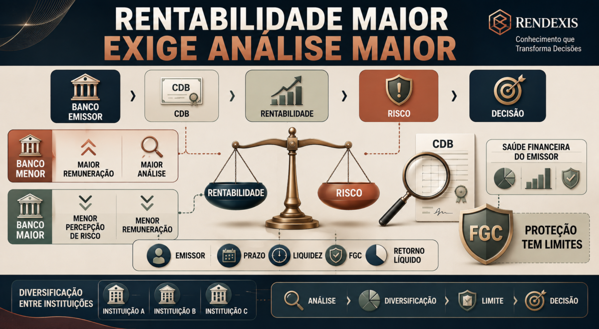 CDB de banco pequeno: balança entre rentabilidade e risco, com FGC, prazo, liquidez, emissor e diversificação como fatores de análise.