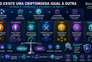 Principais criptomoedas, incluindo Bitcoin, Ethereum, Solana, XRP, BNB, Cardano e stablecoins, representadas por diferentes tecnologias, utilidades e riscos.