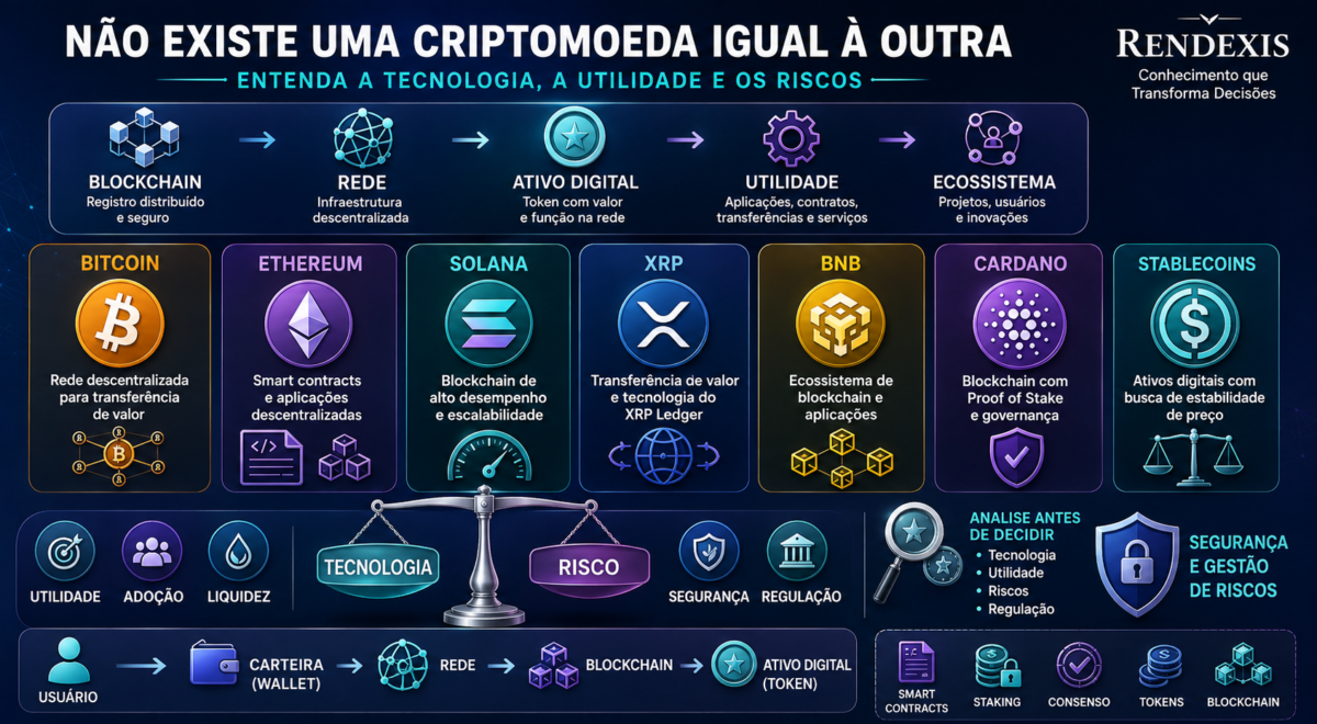 Principais criptomoedas, incluindo Bitcoin, Ethereum, Solana, XRP, BNB, Cardano e stablecoins, representadas por diferentes tecnologias, utilidades e riscos.