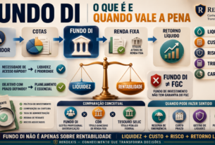 Fundo DI: representação conceitual de um fundo de renda fixa com liquidez, custos, riscos, tributação e retorno líquido como principais fatores de análise.
