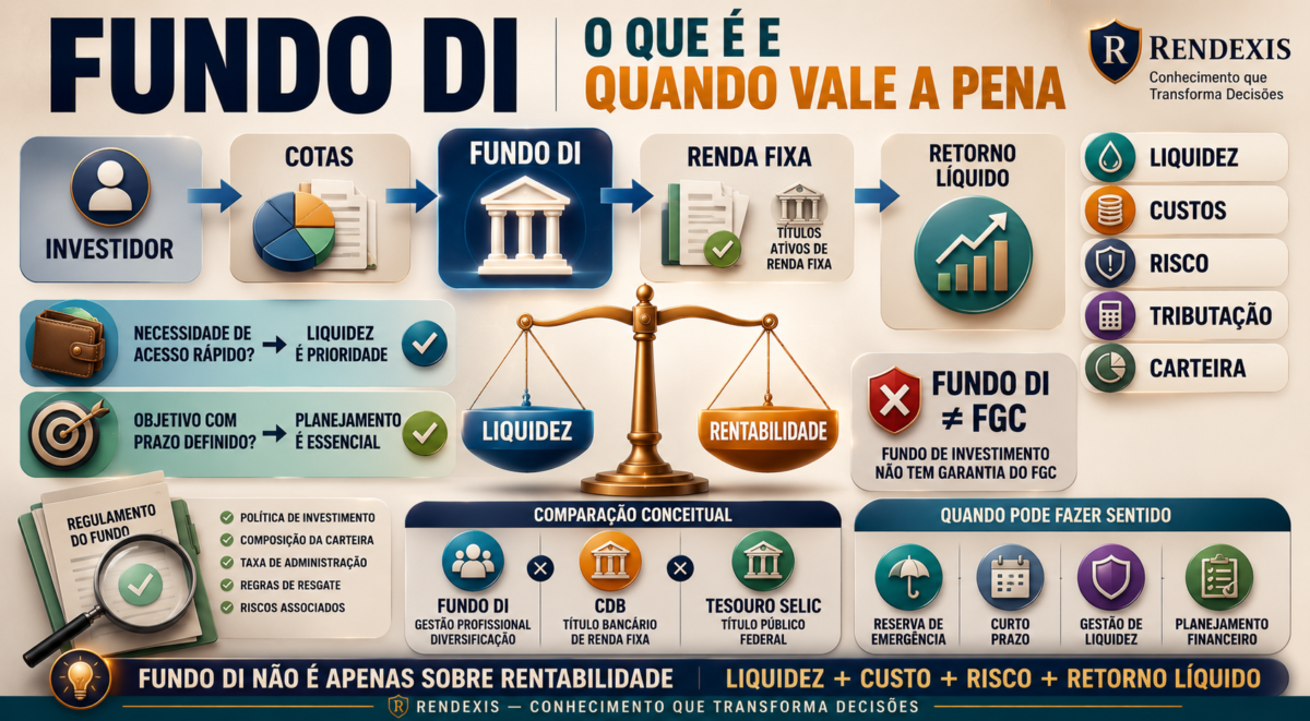 Fundo DI: representação conceitual de um fundo de renda fixa com liquidez, custos, riscos, tributação e retorno líquido como principais fatores de análise.