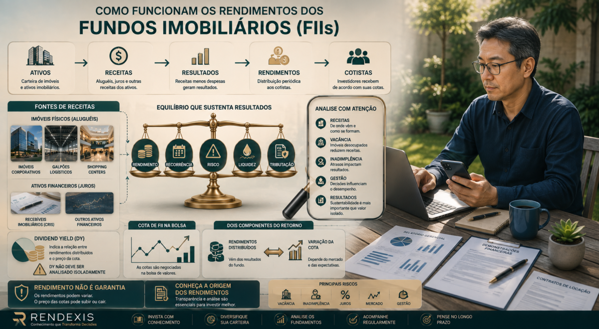 Investidora analisando como funcionam os rendimentos distribuídos pelos Fundos Imobiliários e os fatores que influenciam sua sustentabilidade