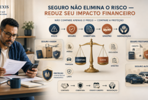 Seguro e seus principais tipos representados por proteção contra riscos, mostrando seguro viagem, seguro prestamista e seguro auto.