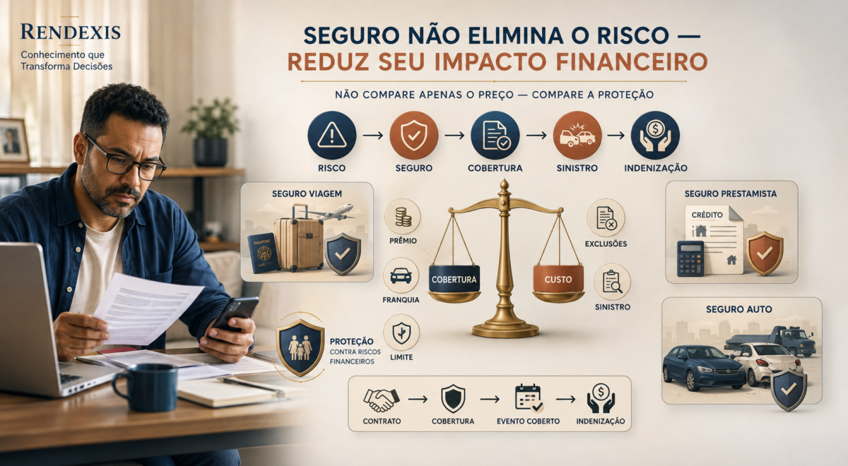 Seguro e seus principais tipos representados por proteção contra riscos, mostrando seguro viagem, seguro prestamista e seguro auto.