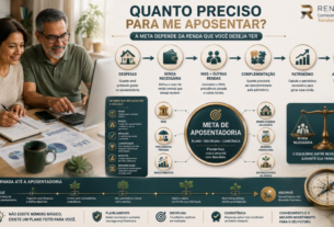 Casal planejando a aposentadoria com uma meta de renda, patrimônio, INSS, investimentos, inflação, aportes e horizonte de longo prazo.