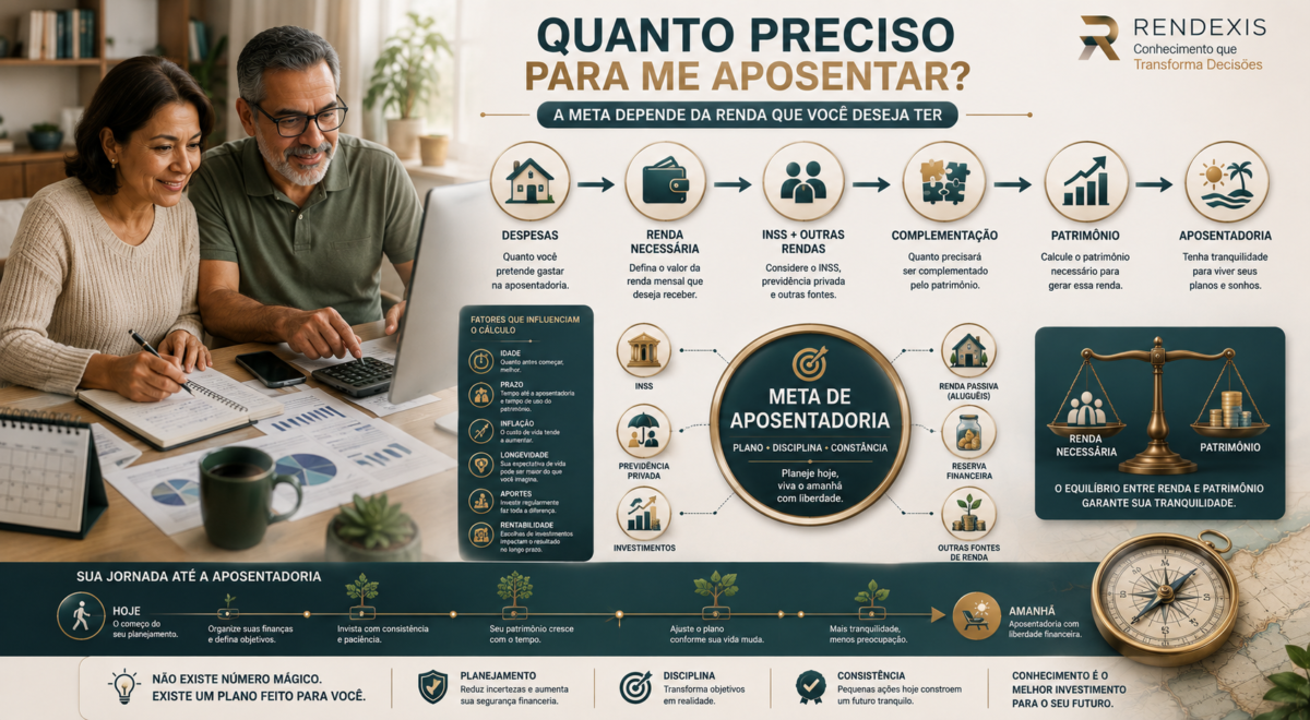 Casal planejando a aposentadoria com uma meta de renda, patrimônio, INSS, investimentos, inflação, aportes e horizonte de longo prazo.