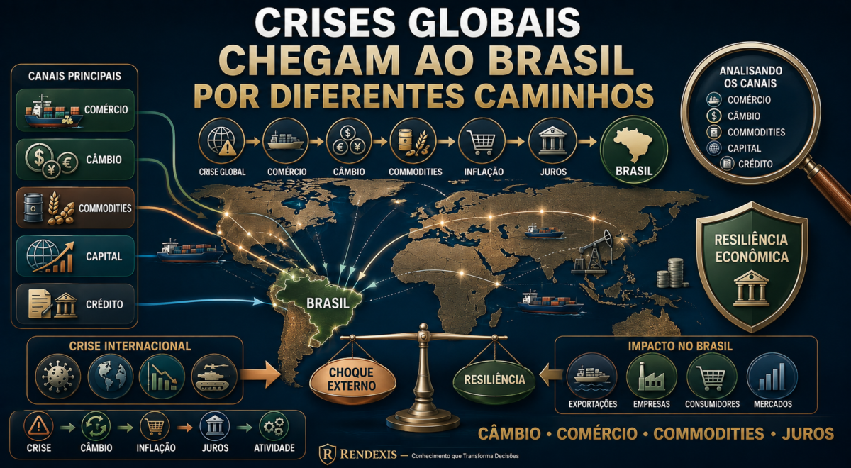 Mapa econômico conectando crises internacionais ao Brasil por meio do comércio, câmbio, commodities, inflação, juros e atividade econômica.