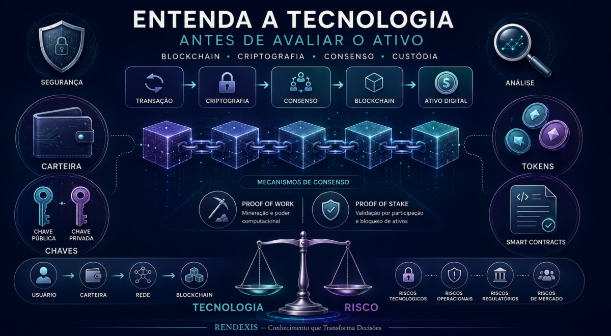 Representação conceitual de como funcionam as criptomoedas, mostrando blockchain, criptografia, consenso, carteiras digitais, tokens e contratos inteligentes.