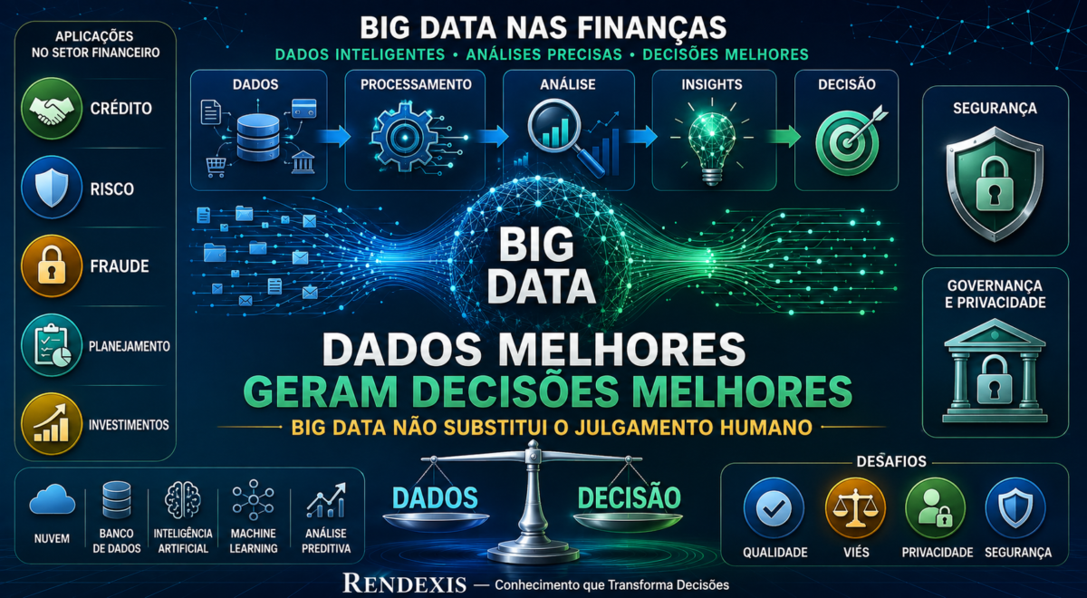 Big Data nas finanças representado pela transformação de dados em análise, gestão de riscos e decisões financeiras.