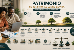 Casal planejando a construção de patrimônio ao longo da vida por meio de educação financeira, reserva, investimentos, diversificação e planejamento de longo prazo.