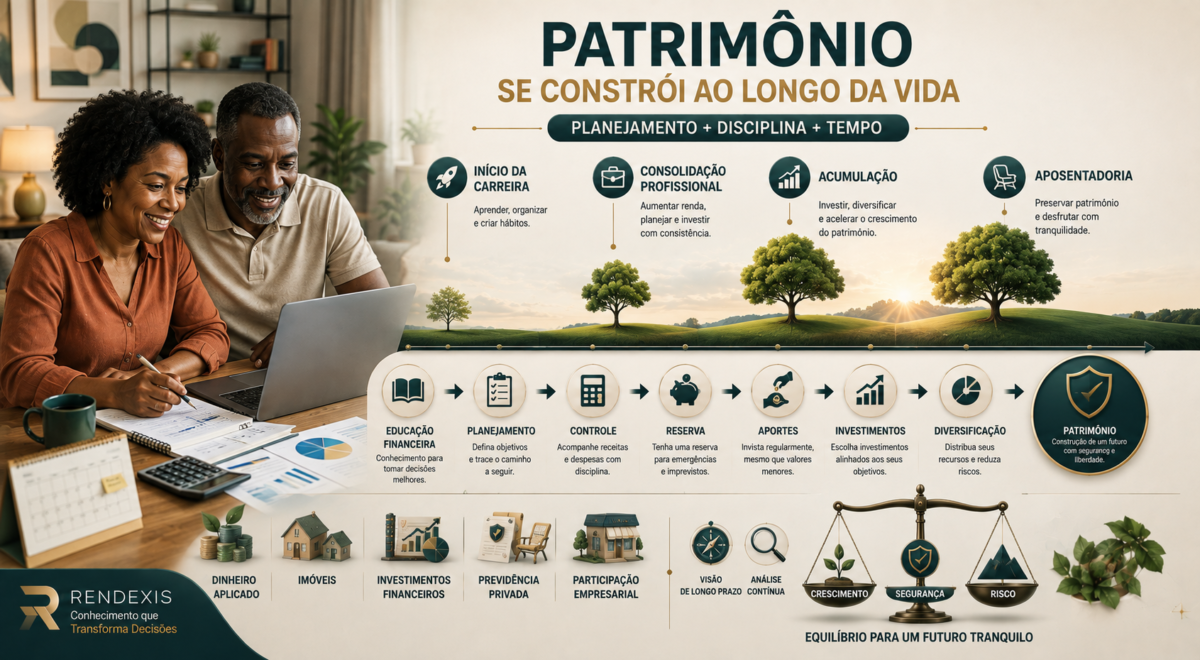 Casal planejando a construção de patrimônio ao longo da vida por meio de educação financeira, reserva, investimentos, diversificação e planejamento de longo prazo.