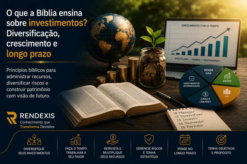Bíblia aberta ao lado de uma carteira de investimentos diversificada, gráficos e elementos que representam crescimento patrimonial e longo prazo.