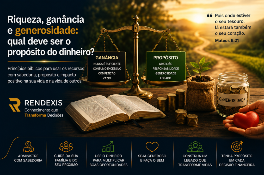 Pessoa analisando seu patrimônio financeiro ao lado de uma Bíblia, representando riqueza, propósito, responsabilidade e generosidade.