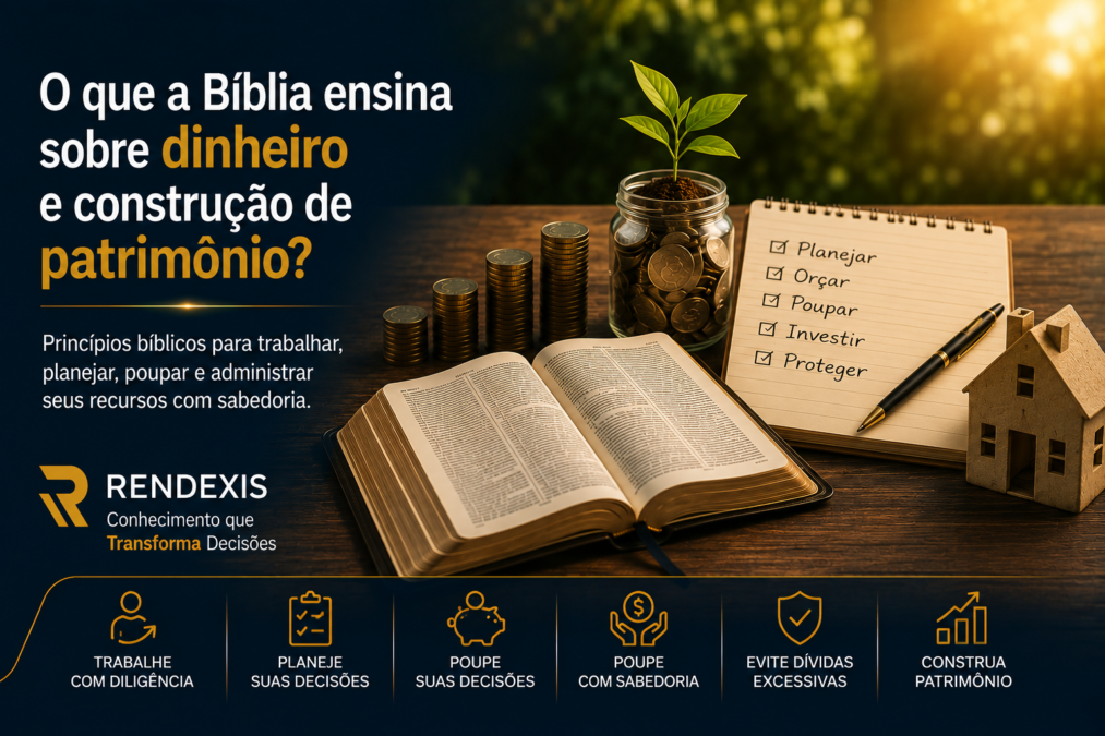 Bíblia aberta ao lado de elementos de planejamento financeiro, representando trabalho, orçamento, poupança, patrimônio e responsabilidade com o dinheiro.