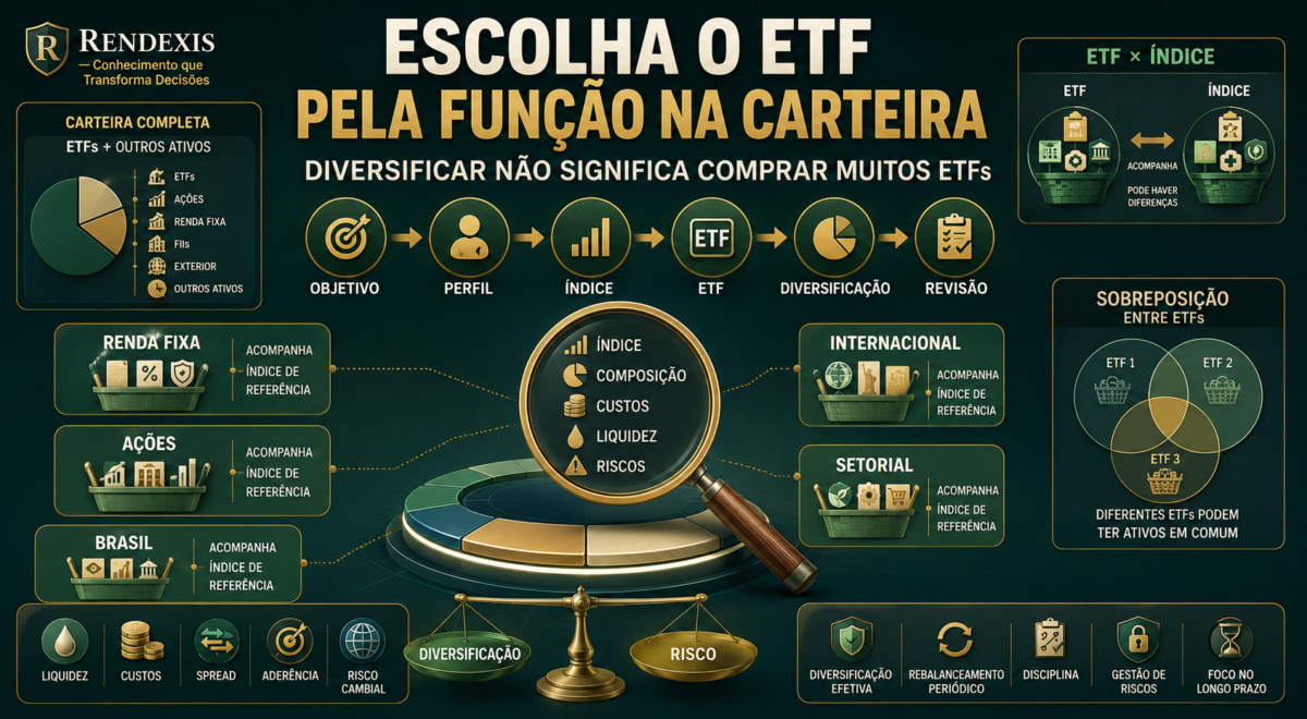 Carteira de investimentos com ETFs organizada por objetivos, índices, diversificação, custos, liquidez e riscos.
