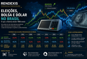 “Bolsa de valores e dólar em anos eleitorais no Brasil, com gráficos financeiros representando alta, queda, volatilidade e recuperação do mercado desde 1998.”