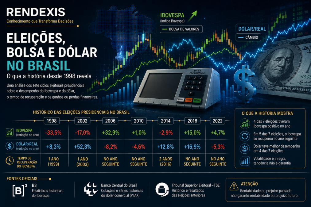 “Bolsa de valores e dólar em anos eleitorais no Brasil, com gráficos financeiros representando alta, queda, volatilidade e recuperação do mercado desde 1998.”