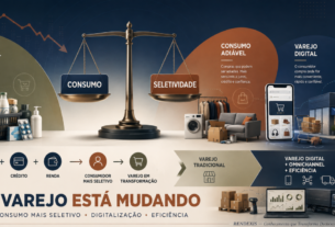 Representação conceitual do varejo brasileiro em transformação, com consumidor mais seletivo, integração entre lojas físicas e digitais e foco em eficiência.