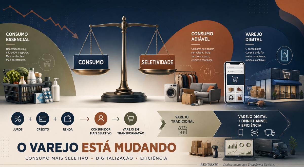 Representação conceitual do varejo brasileiro em transformação, com consumidor mais seletivo, integração entre lojas físicas e digitais e foco em eficiência.