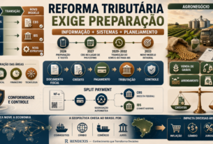 Reforma Tributária representada por uma transição do sistema atual para IBS e CBS, com documentos fiscais, créditos, pagamentos, Split Payment e impactos no agronegócio.