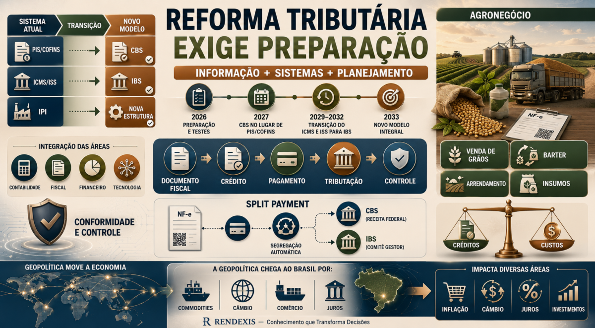 Reforma Tributária representada por uma transição do sistema atual para IBS e CBS, com documentos fiscais, créditos, pagamentos, Split Payment e impactos no agronegócio.