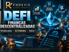 Infográfico editorial sobre DeFi, mostrando blockchain, contratos inteligentes, liquidez e serviços financeiros descentralizados.