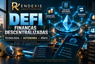 Infográfico editorial sobre DeFi, mostrando blockchain, contratos inteligentes, liquidez e serviços financeiros descentralizados.