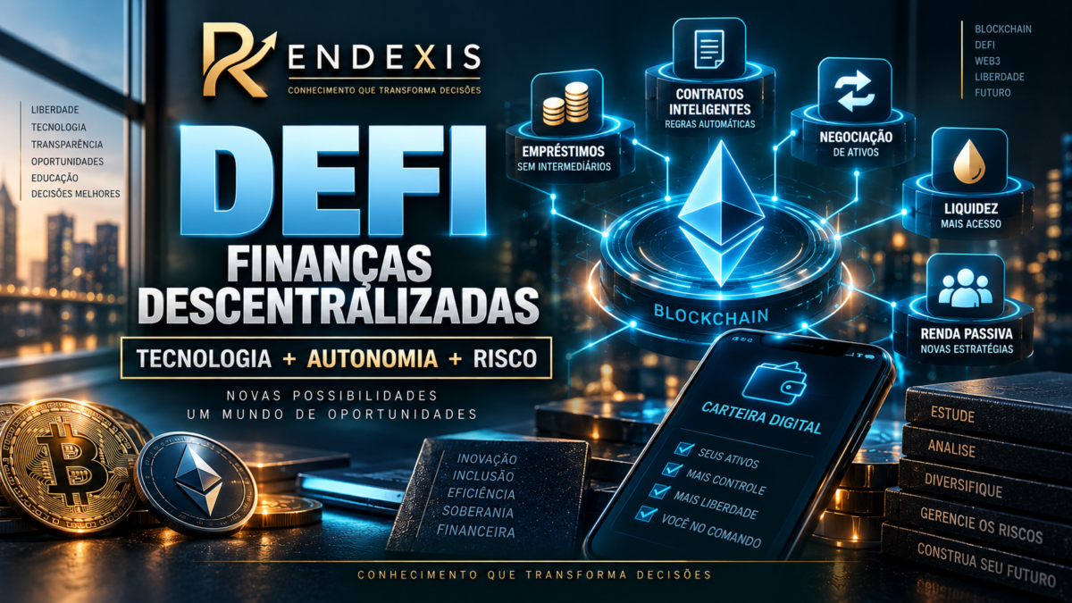 DeFi (Finanças Descentralizadas): Guia para Iniciantes 1 Infográfico editorial sobre DeFi, mostrando blockchain, contratos inteligentes, liquidez e serviços financeiros descentralizados.