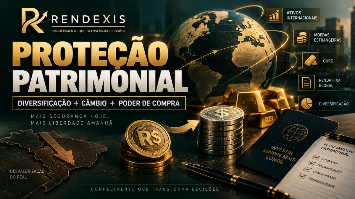 Imagem ilustrativa sobre proteção patrimonial contra a desvalorização do real, mostrando diversificação internacional, exposição cambial, ouro e preservação do poder de compra.