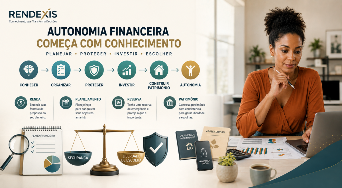 Mulher analisando seu planejamento financeiro para construir autonomia, segurança, patrimônio e liberdade de escolha