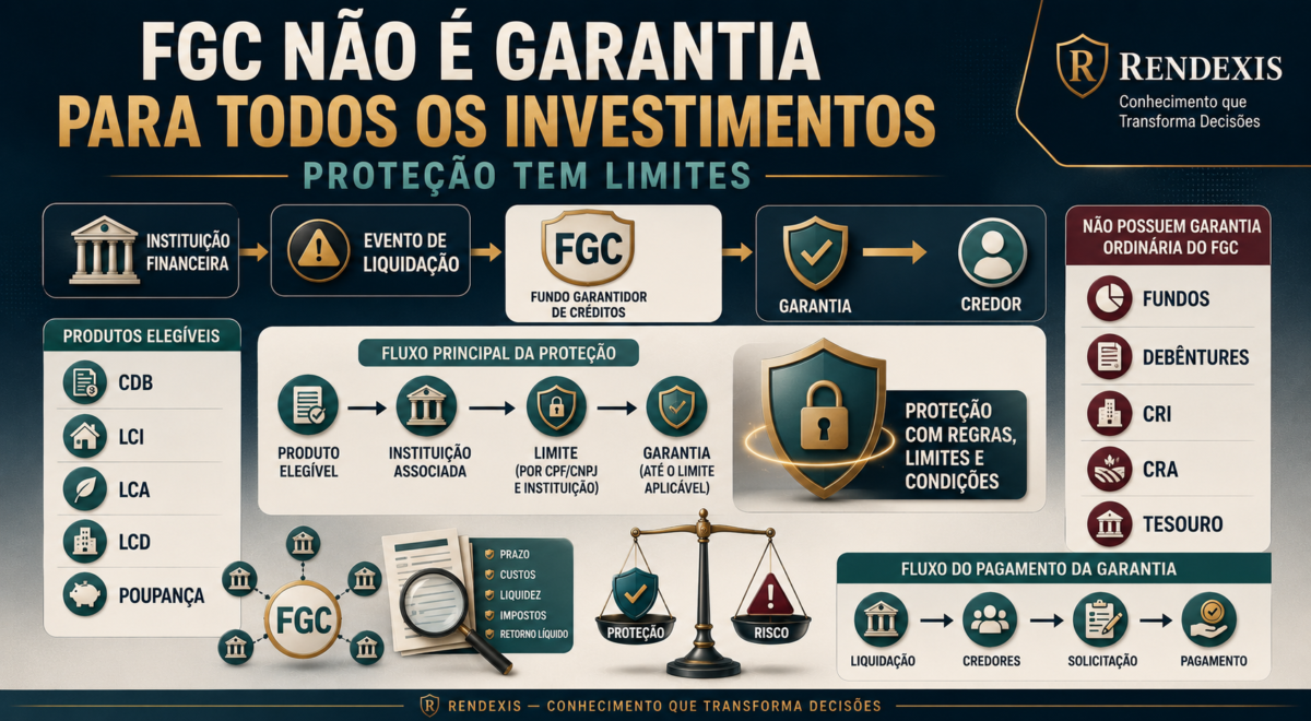 FGC: O Que É, Como Funciona e Quanto Seu Dinheiro Está Protegido 1 FGC: representação conceitual da proteção de investimentos elegíveis, seus limites e diferenças entre produtos garantidos e não garantidos pelo Fundo Garantidor de Créditos
