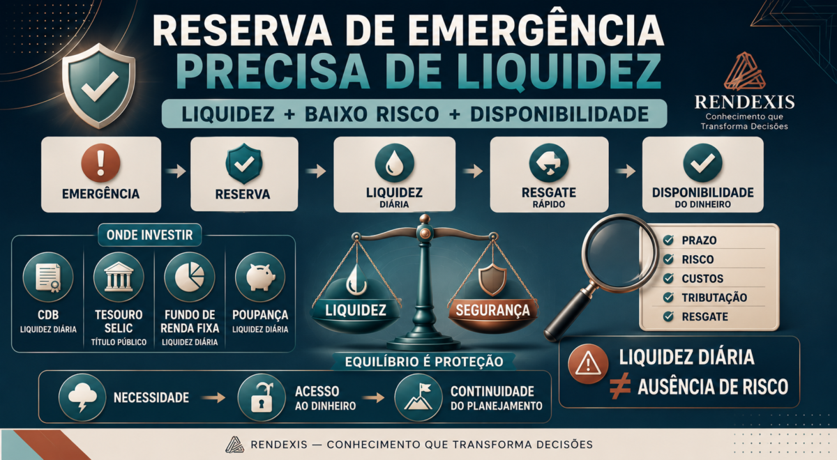 Aplicação com liquidez diária para reserva de emergência, mostrando liquidez, baixo risco, resgate e disponibilidade financeira