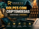 Golpes com criptomoedas e identificação de esquemas de pirâmide financeira, representados por blockchain, ativos digitais, contratos e elementos de alerta e análise de risco
