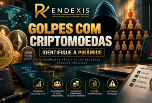 Golpes com criptomoedas e identificação de esquemas de pirâmide financeira, representados por blockchain, ativos digitais, contratos e elementos de alerta e análise de risco