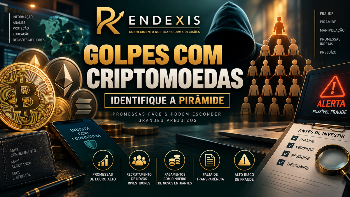 Golpes com Criptomoedas: Como Identificar Esquemas de Pirâmide 1 Golpes com criptomoedas e identificação de esquemas de pirâmide financeira, representados por blockchain, ativos digitais, contratos e elementos de alerta e análise de risco