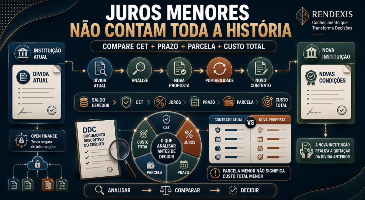Comparação conceitual da portabilidade de crédito, mostrando a transferência de uma dívida entre instituições, análise de juros, CET, prazo, parcelas e custo total antes da decisão