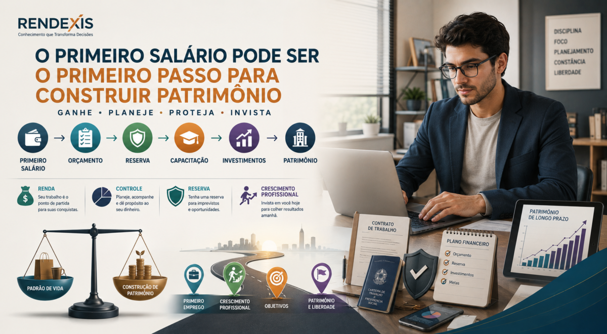 Recém-formado organizando o primeiro salário com foco em orçamento, reserva financeira, capacitação profissional, investimentos e construção de patrimônio.