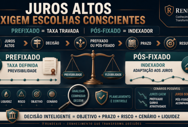 Renda fixa prefixada e pós-fixada em momentos de juros altos, comparando taxa definida e indexador, com destaque para prazo, liquidez, risco e planejamento financeiro.