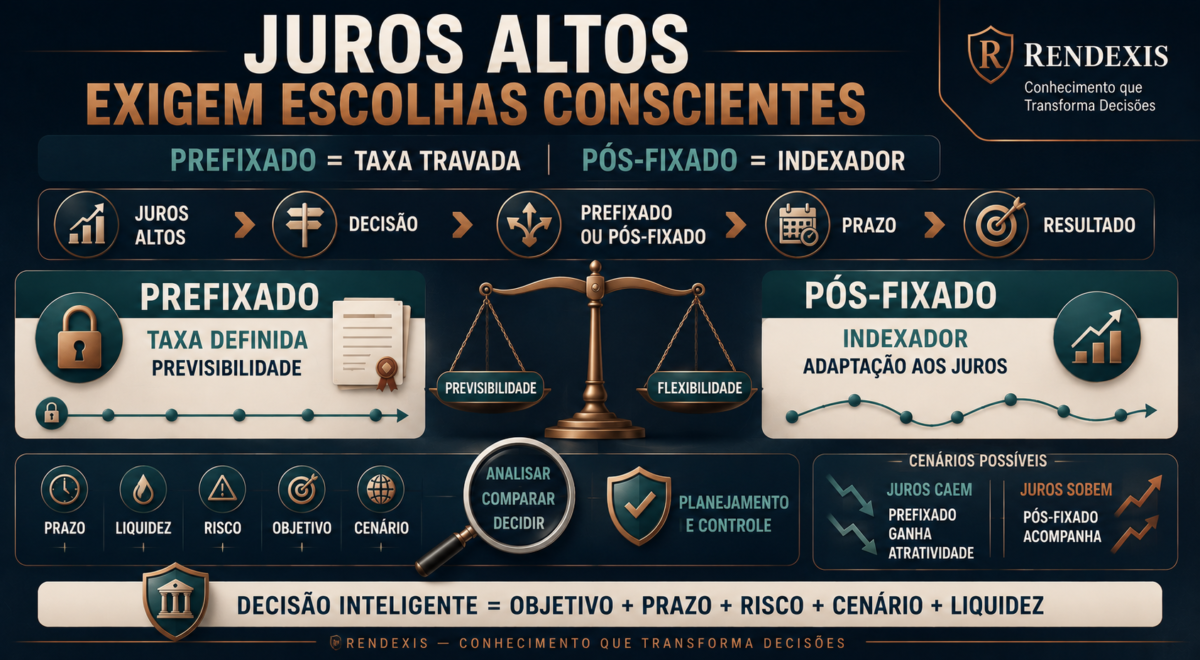 Renda Fixa Prefixada x Pós-fixada: Como Decidir em Momentos de Juros Altos 1 Renda fixa prefixada e pós-fixada em momentos de juros altos, comparando taxa definida e indexador, com destaque para prazo, liquidez, risco e planejamento financeiro.