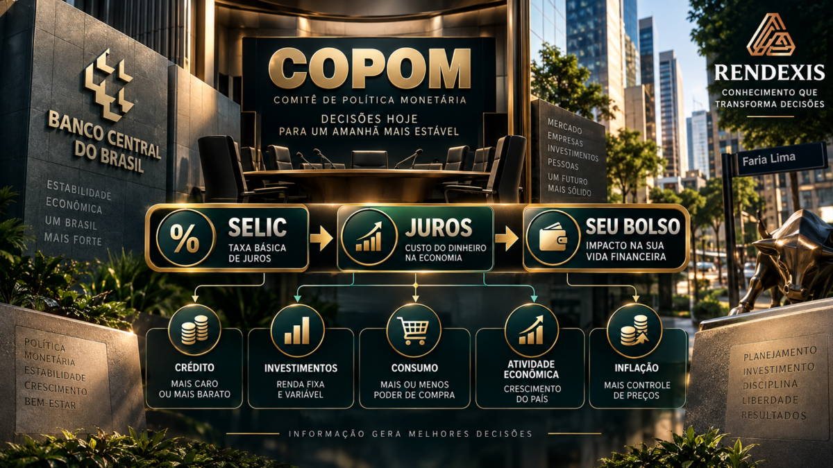 Copom - O Que É e Como as Decisões Afetam seu Bolso 1 Copom e taxa Selic representados por Banco Central, juros, crédito, investimentos, inflação e consumo conectados, mostrando como a política monetária afeta o bolso.
