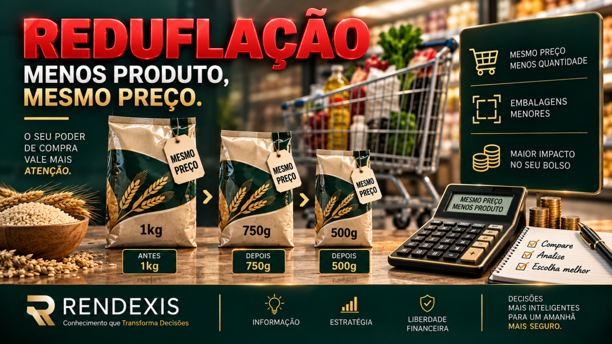 Reduflação representada por embalagens menores com preço semelhante, mostrando como a redução da quantidade pode aumentar o custo efetivo e afetar o orçamento do consumidor.