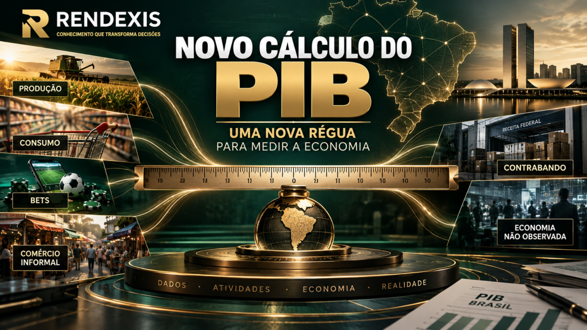 Revisão do cálculo do PIB pelo IBGE, representada por elementos de medição econômica, estatísticas, produção, consumo
